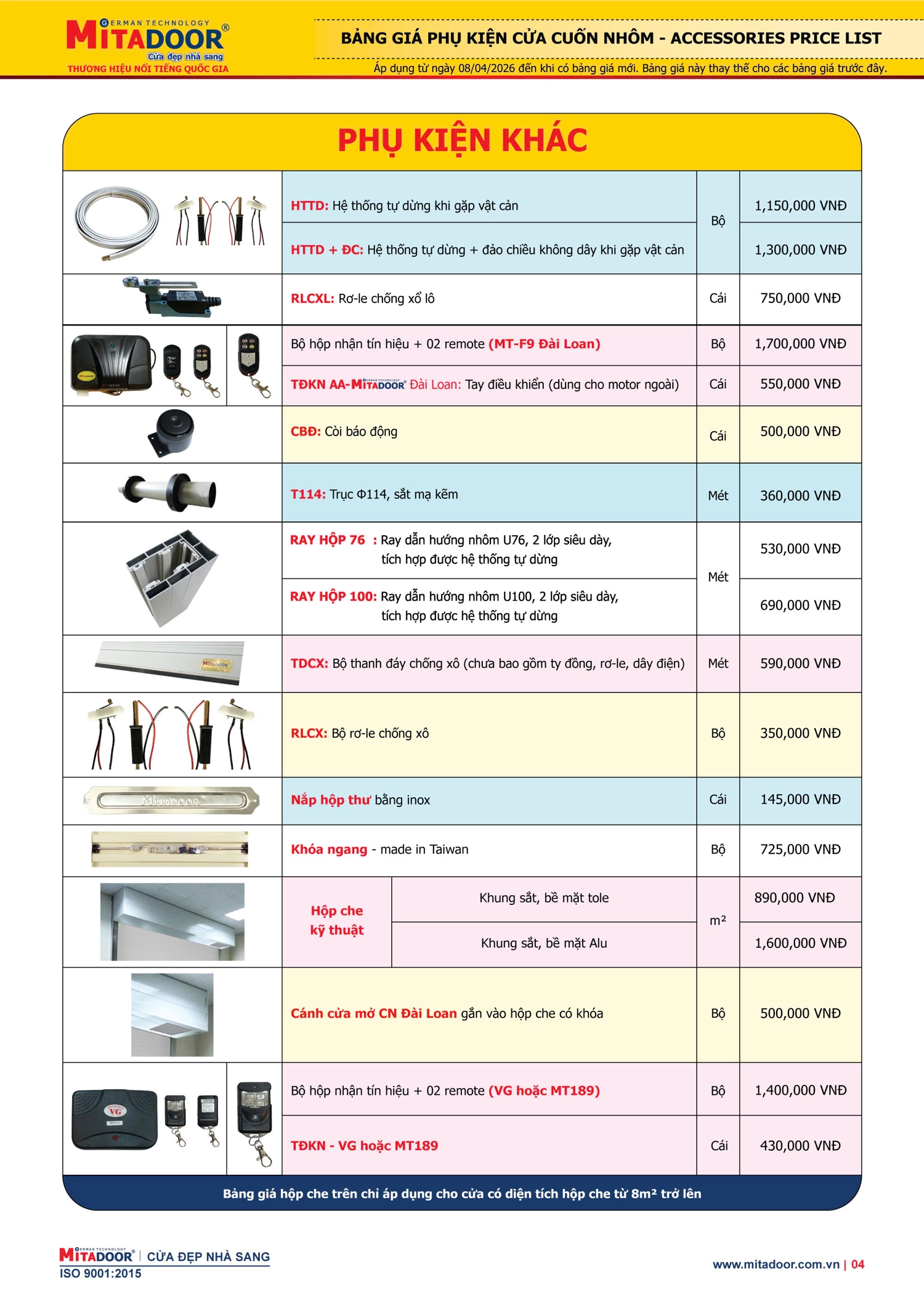 Bảng gi&aacute; c&aacute;c phụ kiện cửa cuốn kh&aacute;c