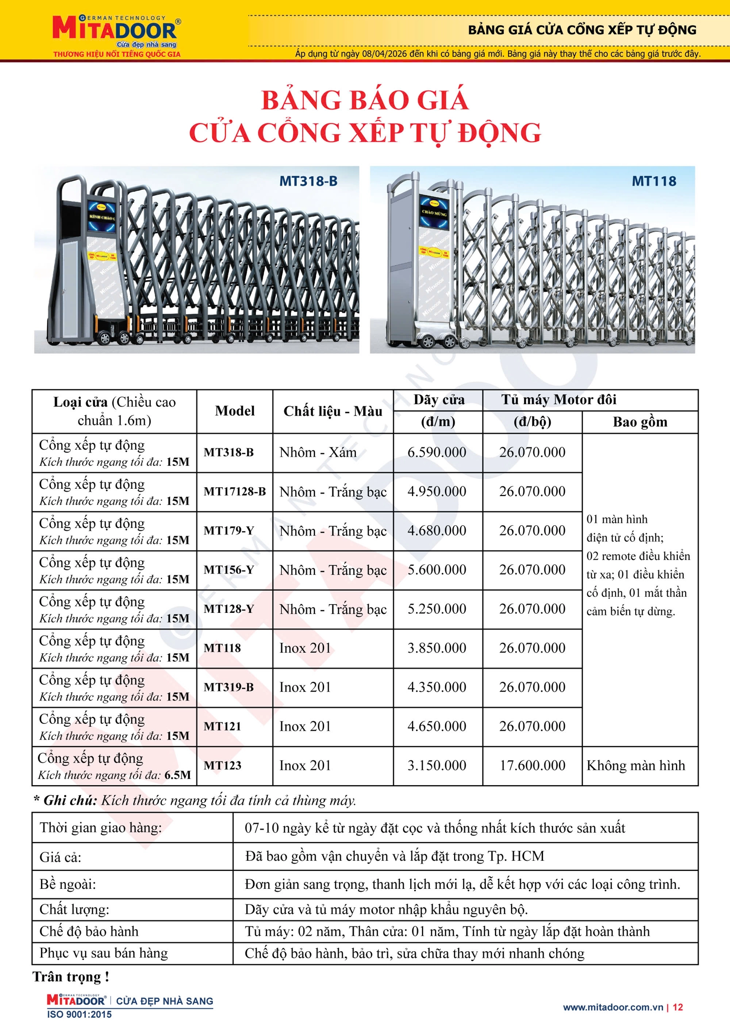 Bảng giá cửa cổng xếp chính hãng của Mitadoor