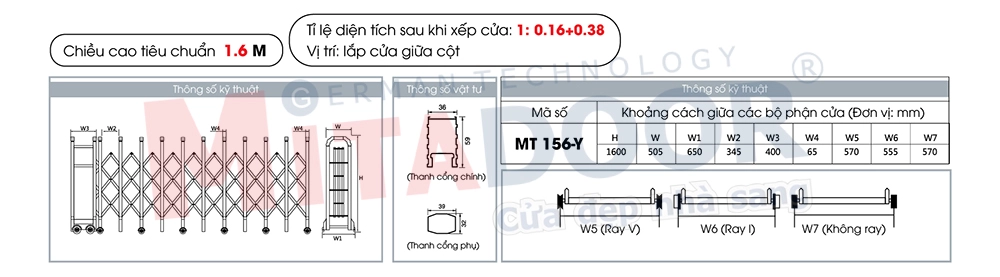 Thông số kỹ thuật của cửa cổng xếp hợp kim nhôm Mitadoor MT 156-Y