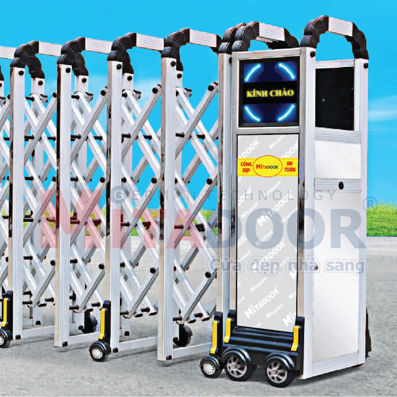 Cửa cổng xếp hợp kim nhôm MT 156-Y Mitadoor với lớp sơn tĩnh điện cao cấp, chống oxy hóa, vận hành nhẹ nhàng, êm ái