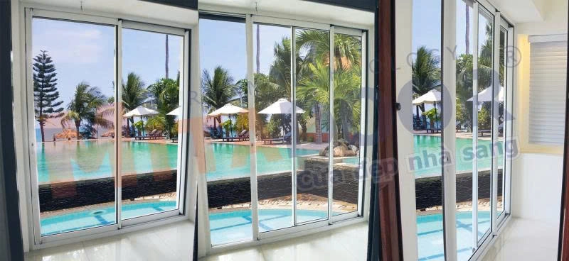 Cửa đi mở lùa hệ nhôm Technal Mitadoor ST96 - 2 ray với thanh đứng có gù bo tròn siêu chịu lực