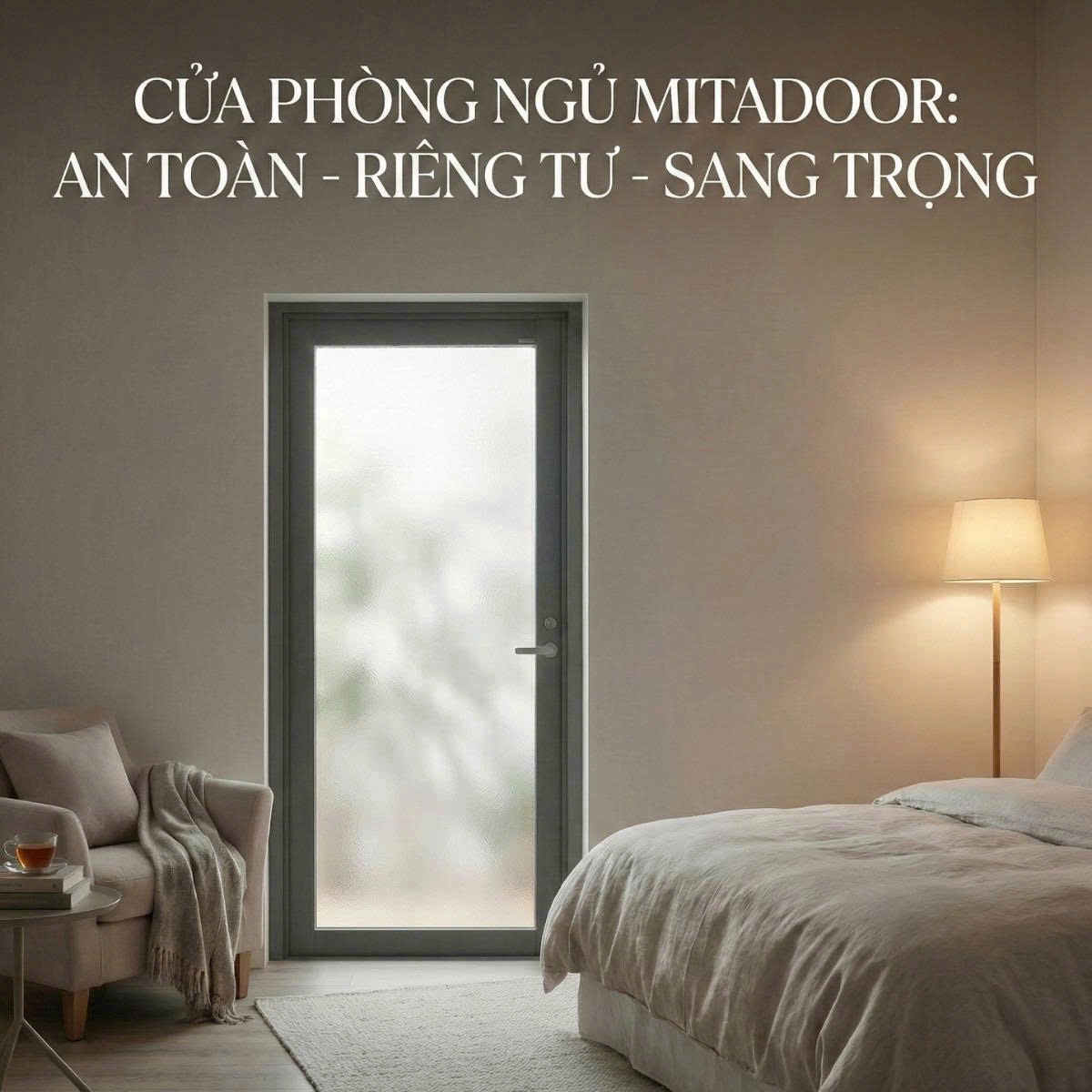 Cửa nhôm kính Mitadoor 1 cánh mở quay sử dụng kính mờ nhằm đảm bảo sự riêng tư cho phòng ngủ