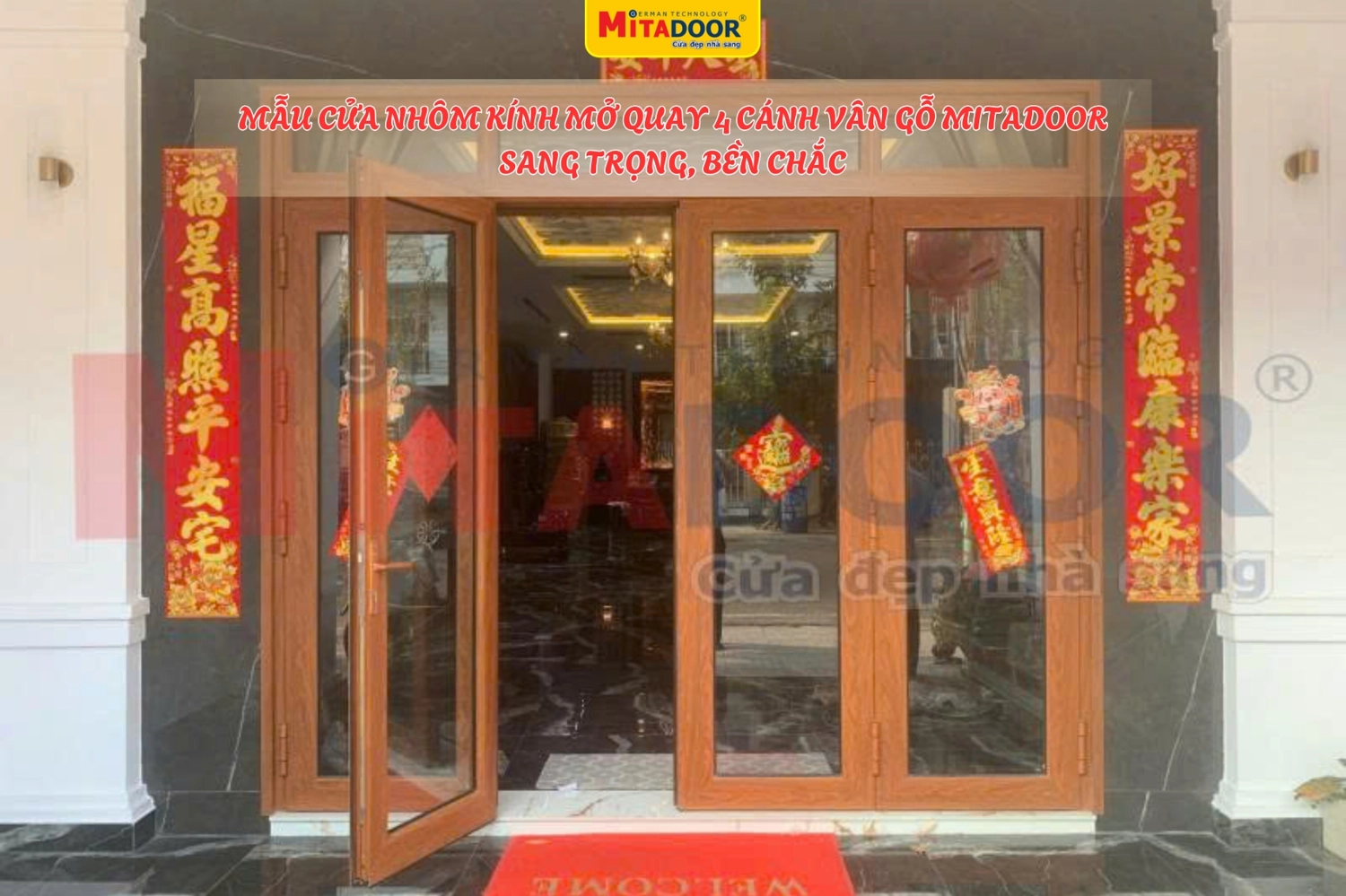 Cửa nhôm kính mở quay 4 cánh màu vân gỗ sang trọng, bền chắc, tiện nghi