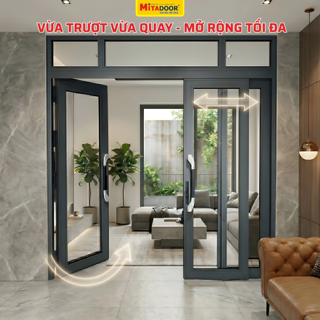 Với cửa trượt quay, bạn có thể lùa nhẹ một cánh cho thoáng, hoặc mở tung toàn bộ ép sát tường để không gian nhà được rộng rãi và thoáng đãng hơn