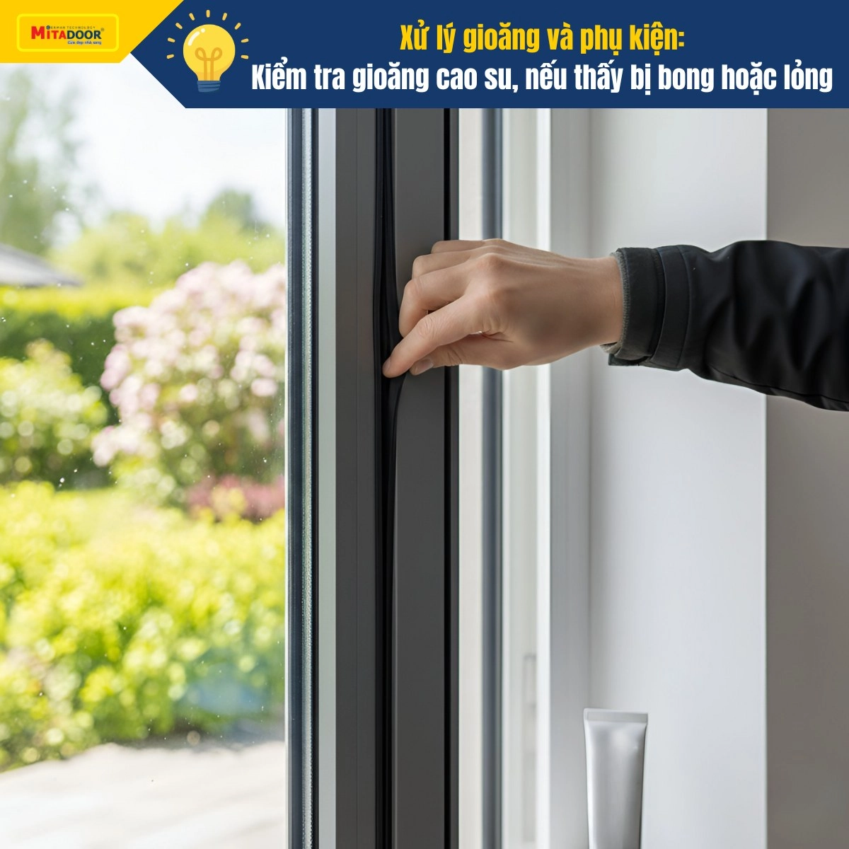 Sau một năm sử dụng, gioăng có thể bị lão hóa, bong khỏi rãnh nhôm, khiến cửa không còn kín khít