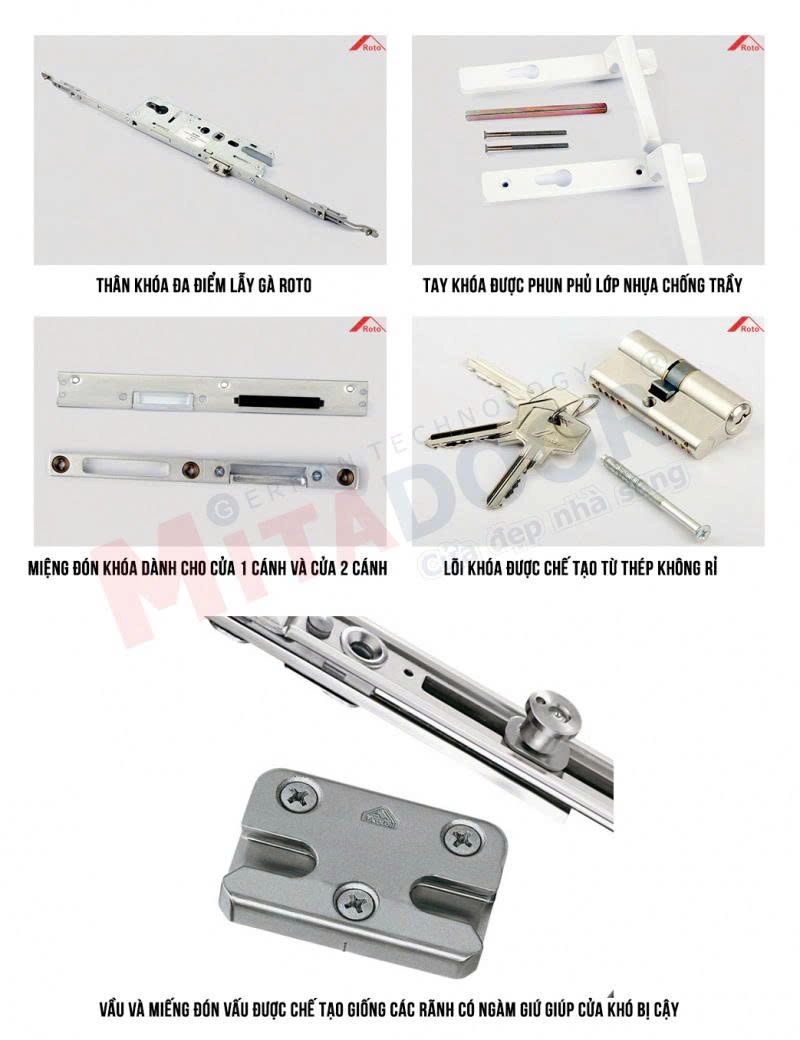 Bộ kh&oacute;a đa điểm lẫy g&agrave; phụ kiện Roto Mitadoor đồng bộ, ch&iacute;nh h&atilde;ng