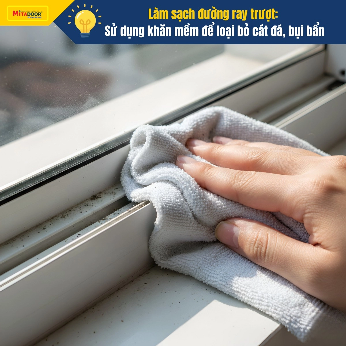 Dùng khăn mềm làm sạch ray cửa, loại bỏ đất cát, bụi bẩn