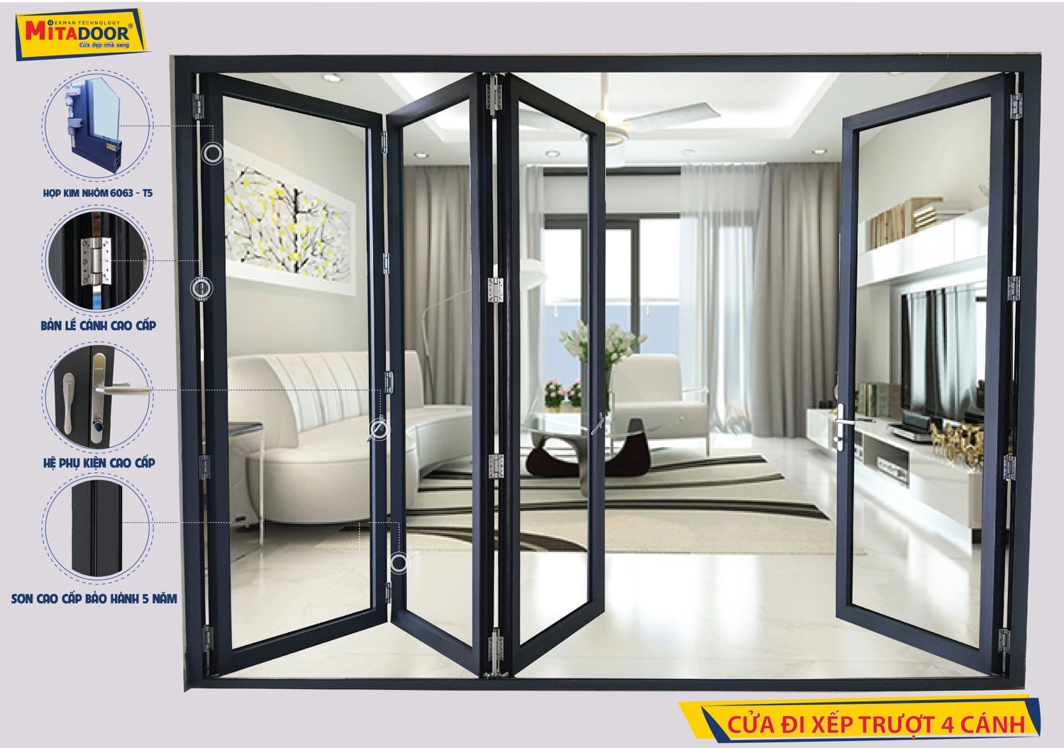 Cửa đi xếp trượt 4 cánh với hệ phụ kiện chính hãng cao cấp cùng những đặc điểm vượt trội, có diện tích mở cửa lớn