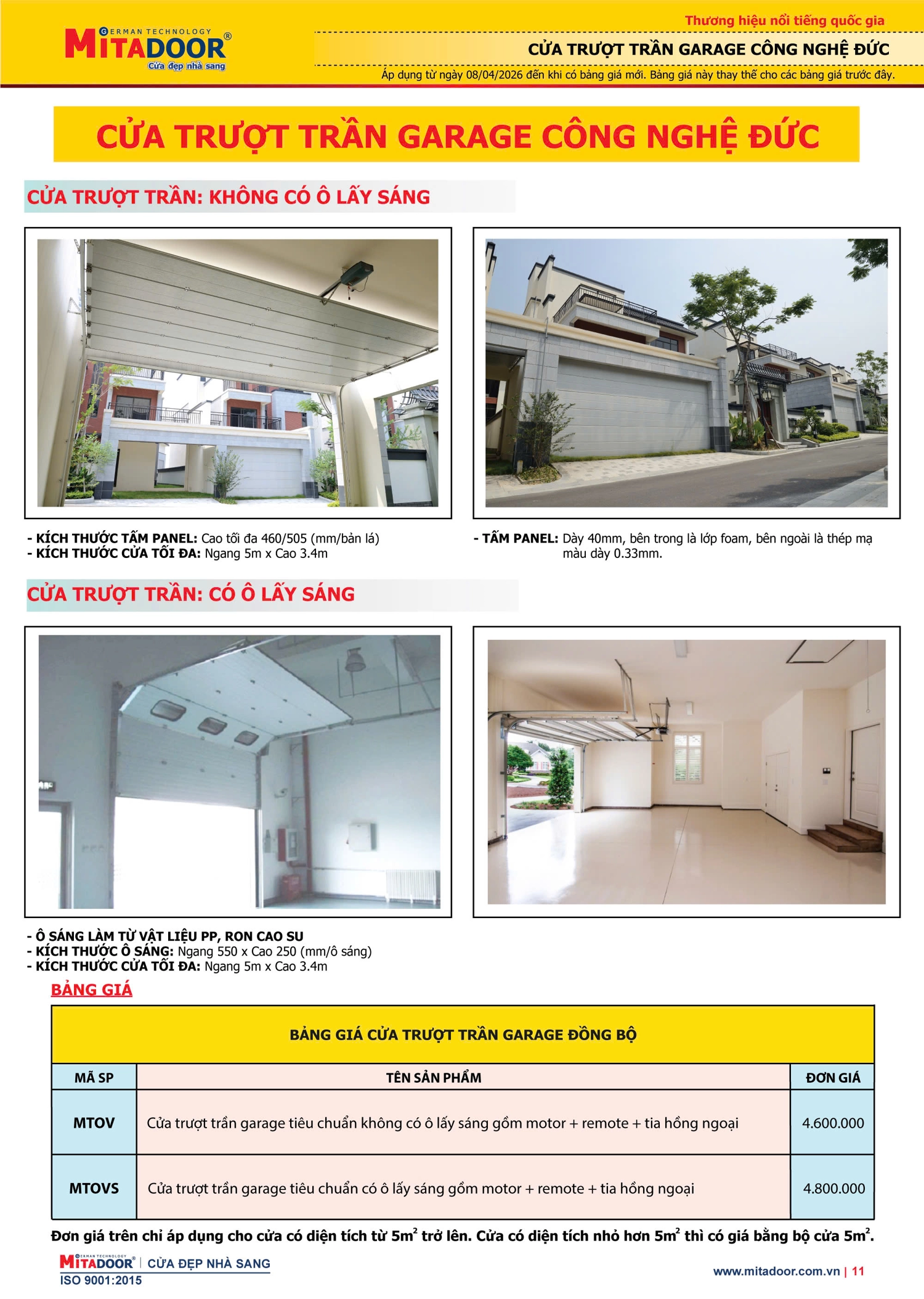 Bảng gi&aacute; cửa trượt trần (Overhead door)