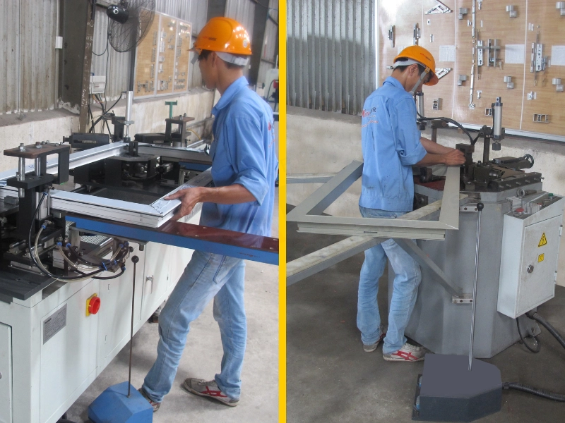 Giai đoạn &eacute;p g&oacute;c 45 độ 2 đầu v&agrave; 1 đầu tại nh&agrave; m&aacute;y của Mitadoor