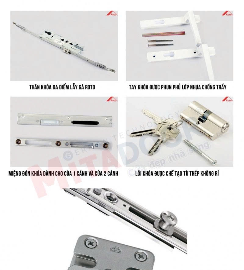 Bộ kh&oacute;a đa điểm lẫy g&agrave; phụ kiện Roto Mitadoor n&acirc;ng tầm an to&agrave;n