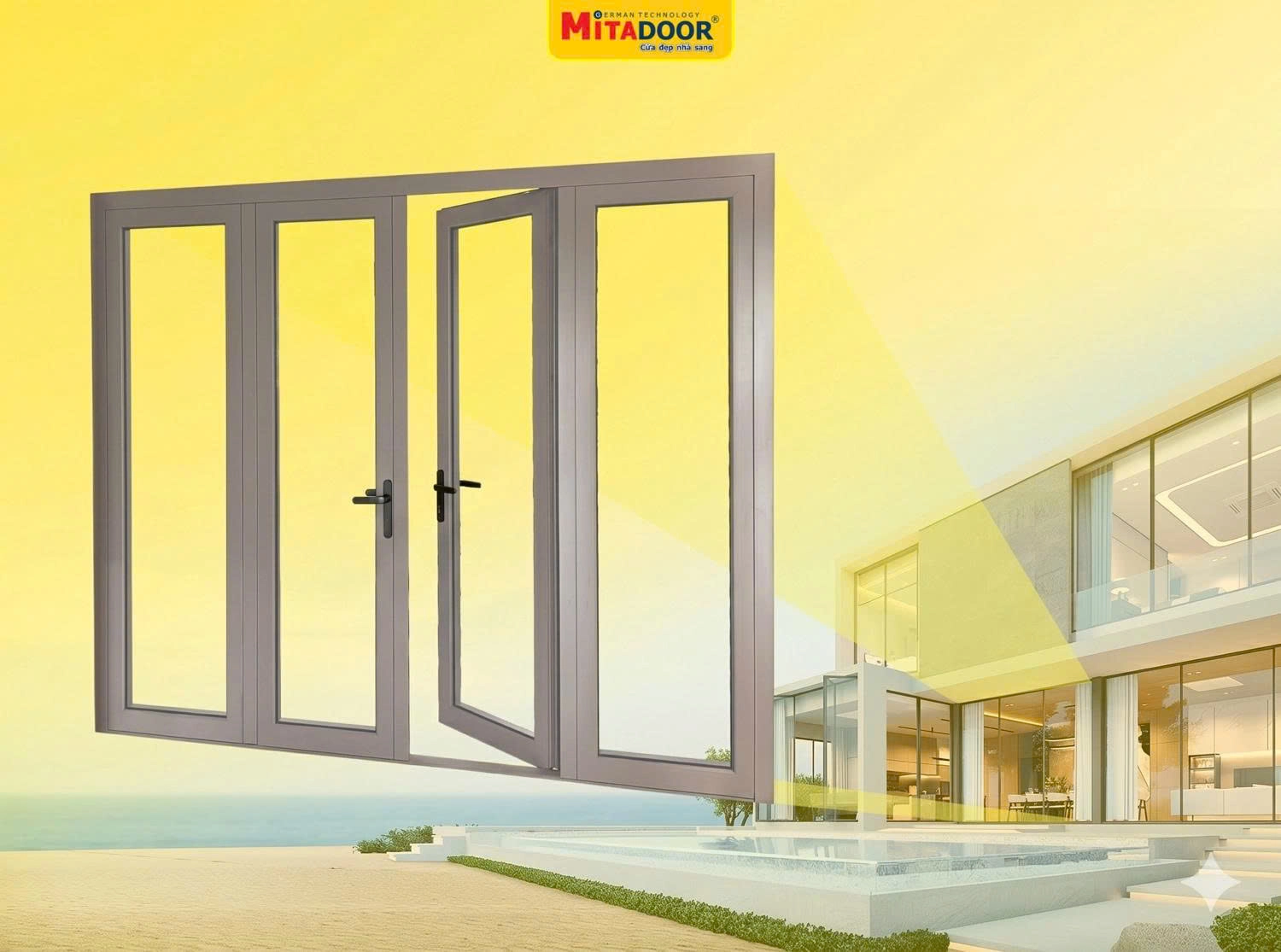 Cửa nhôm kính Mitadoor sử dụng hệ phụ kiện đồng bộ, chính hãng giúp cửa vận hành êm ái và bền bỉ, đảm bảo tuổi thọ sử dụng