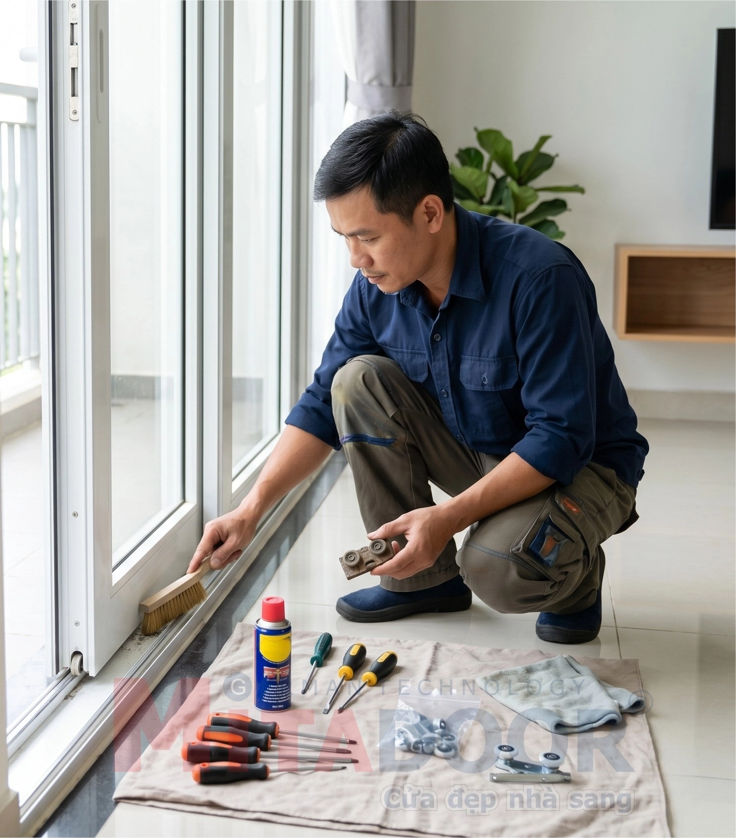 Cửa bị kẹt, khó đóng mở, đầu tiên bạn nên kiểm tra bánh xe có bị mòn, ray trượt có bị bám bụi hoặc thiếu dầu bôi trơn hay không