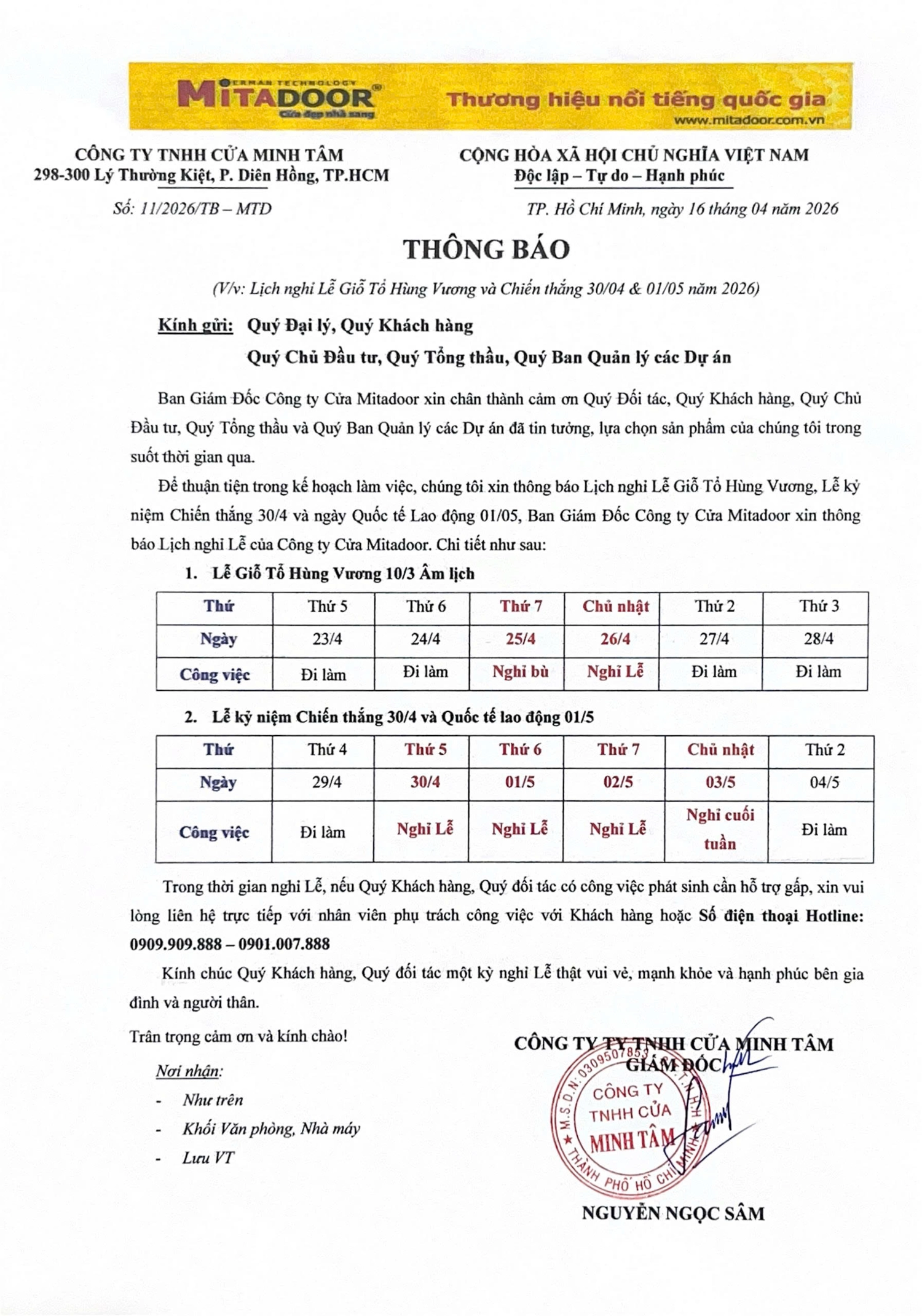 Mitadoor thông báo Lịch nghỉ Lễ Giỗ Tổ Hùng Vương, Lễ kỷ niệm Chiến thắng 30/4 và ngày Quốc tế Lao động 01/05