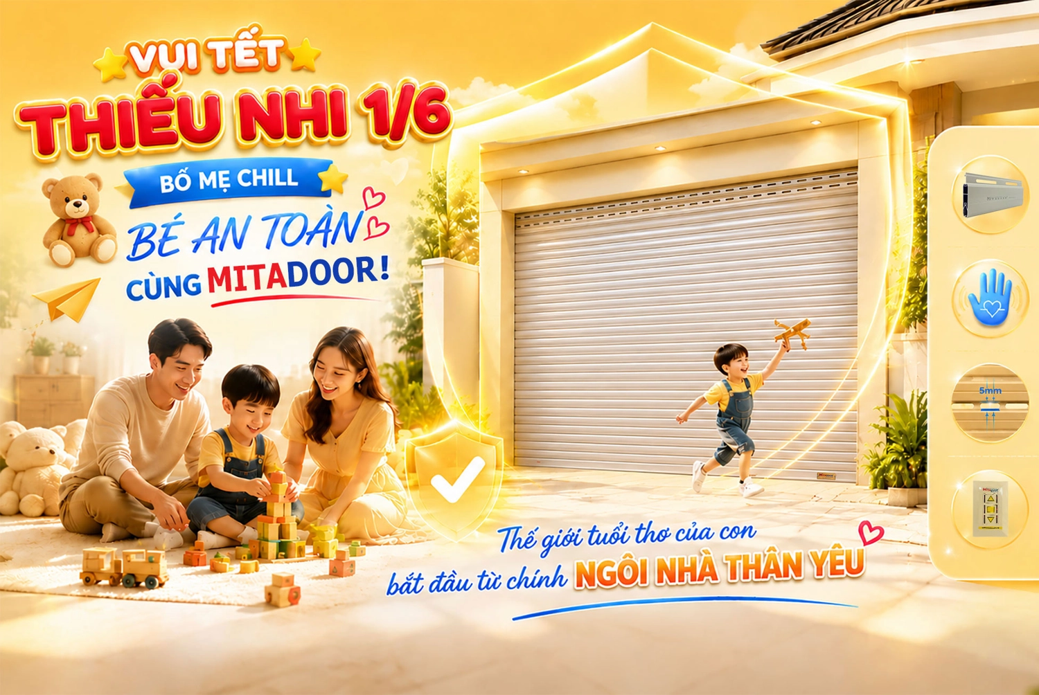 Quốc tế Thiếu nhi 1.6.2026 - Trọn vẹn y&ecirc;u thương c&ugrave;ng cảm biến an to&agrave;n cửa cuốn Mitadoor
