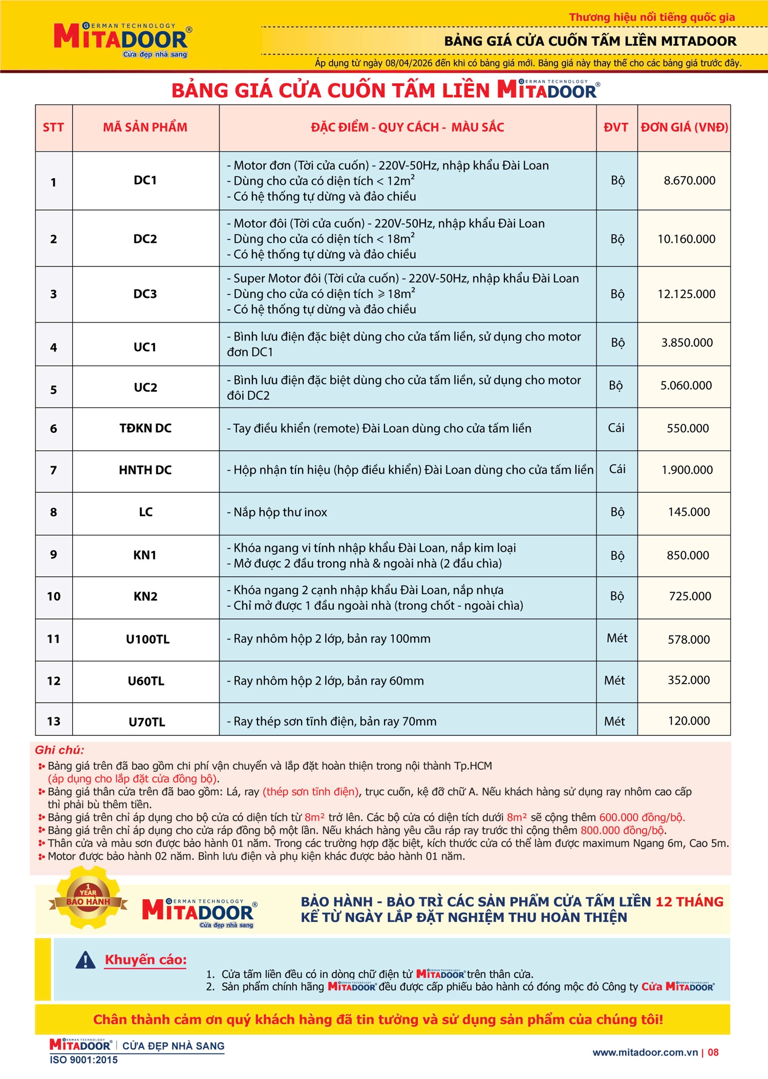 Bảng gi&aacute; cửa cuốn tấm liền ch&iacute;nh h&atilde;ng của Mitadoor