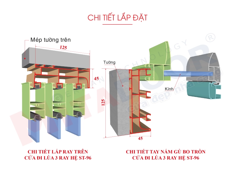 Chi tiết lắp ray trên và nắm gù bo trong cửa đi lùa 3 ray hệ ST96