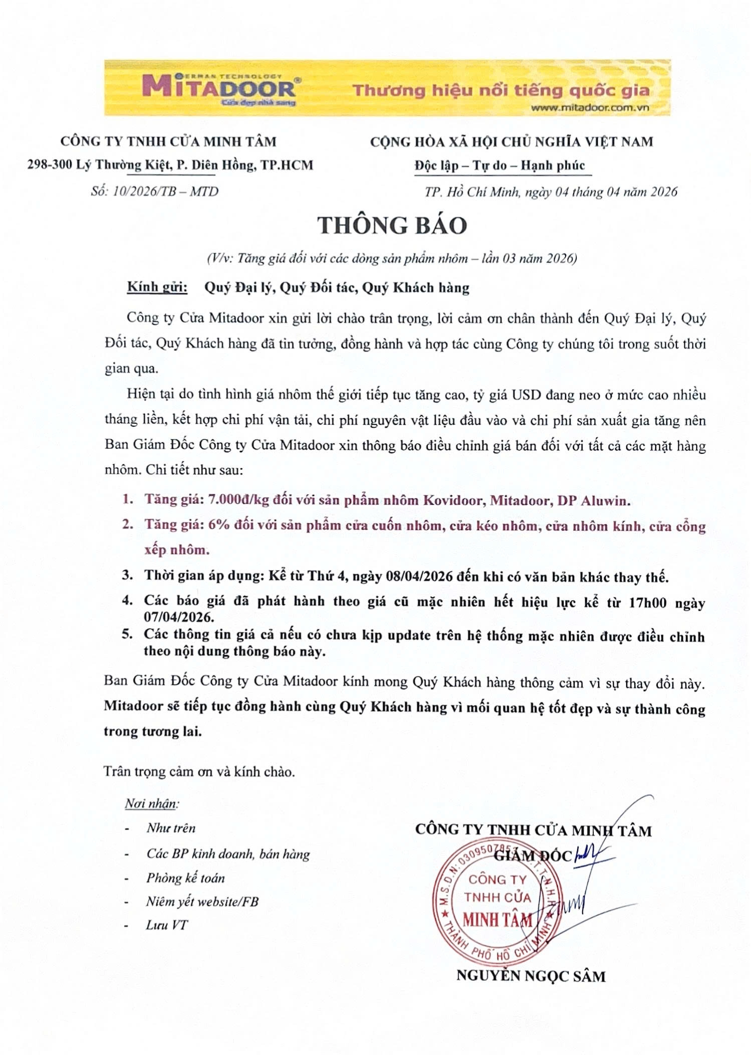 Mitadoor th&ocirc;ng b&aacute;o về việc tăng gi&aacute; đối với c&aacute;c d&ograve;ng sản phẩm nh&ocirc;m &ndash; Lần 03 năm 2026