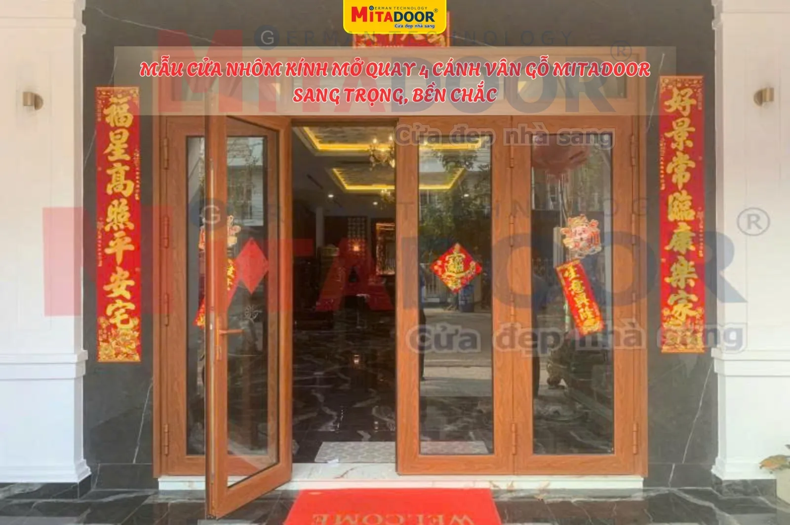 Cửa nhôm kính MẪU CỬA NHÔM KÍNH 4 CÁNH VÂN GỖ MỞ QUAY MITADOOR SANG TRỌNG
