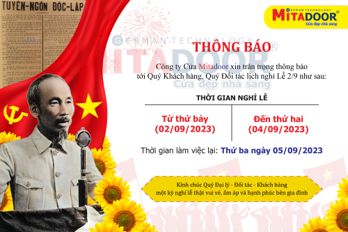 Thông báo - Hoạt động ?THÔNG BÁO NGHỈ LỄ? Công ty Cửa Mitadoor trân trọng thông báo đến Quý khách hàng lịch nghỉ lễ Quốc Khánh 2/9 :