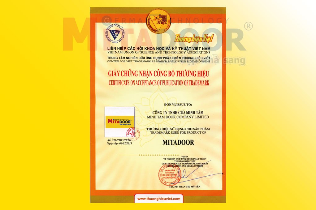 Tin tức sự kiện MITADOOR NHẬN GIẤY CHỨNG NHẬN CÔNG BỐ THƯƠNG HIỆU 2015