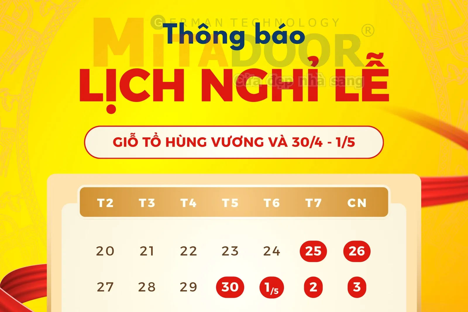 Thông báo - Hoạt động THÔNG BÁO LỊCH NGHỈ LỄ GIỖ TỔ HÙNG VƯƠNG VÀ CHIẾN THẮNG 30.04 & 01.05 NĂM 2026