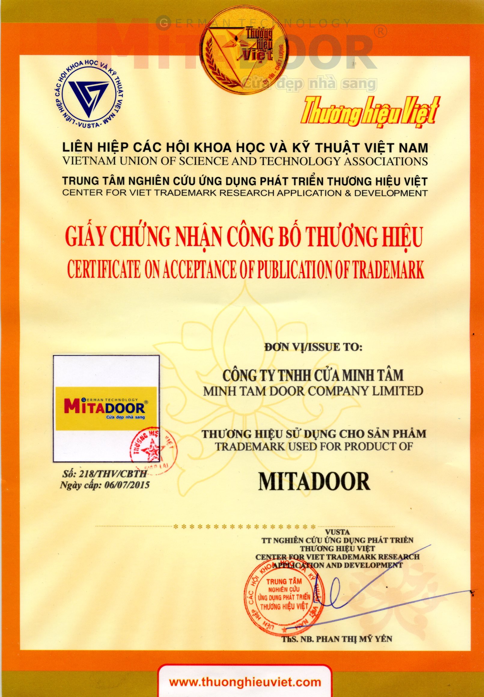 Mitadoor chung nhan cong bo thuong hieu