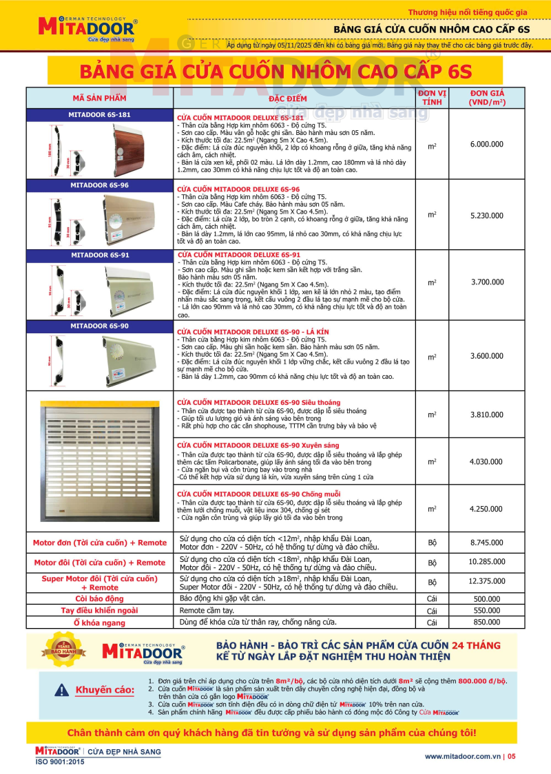 Bảng giá cửa cuốn nhôm cao cấp 6S Mitadoor Bảng giá cửa cuốn nhôm cao cấp 6S Mitadoor