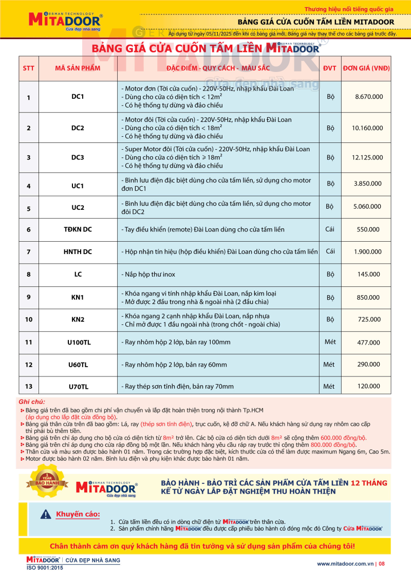 Bảng giá cửa cuốn tấm liền Mitadoor Bảng giá cửa cuốn tấm liền Mitadoor