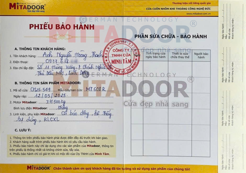 Phiếu bảo hành cửa Mitadoor – Mặt sau (Hình ảnh thật 100%) Phiếu bảo hành cửa Mitadoor – Mặt sau (Hình ảnh thật 100%)