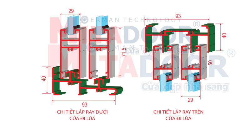 Chi tiết lắp ray dưới và ray trên cửa đi lùa Mitadoor XF93 Chi tiết lắp ray dưới và ray trên cửa đi lùa Mitadoor XF93