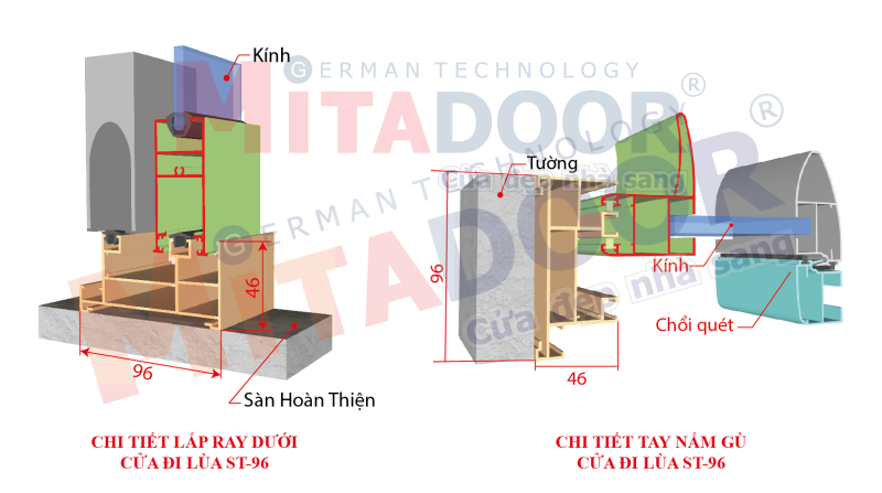 Chi tiết lắp ray dưới và tay nắm gù cửa đi lùa ST96 2 ray Chi tiết lắp ray dưới và tay nắm gù cửa đi lùa ST96 2 ray