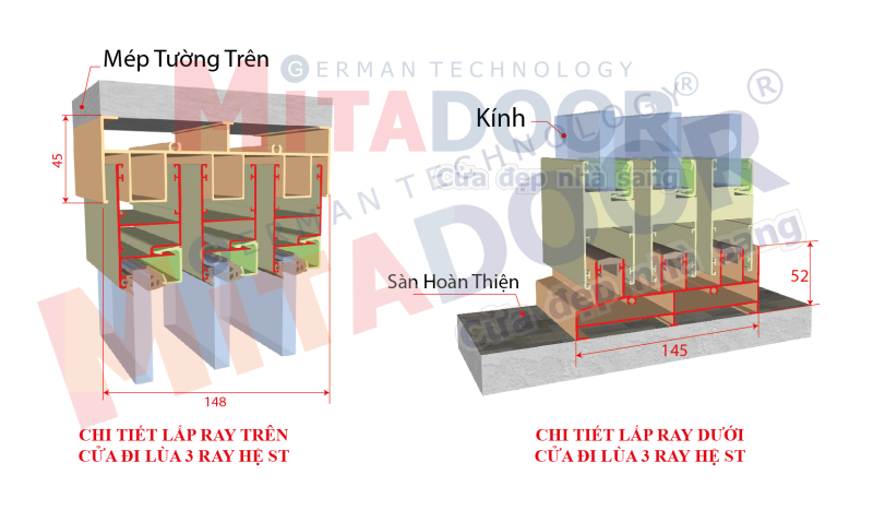 Chi tiết lắp ray trên và ray dưới cho cửa đi lùa 3 ray hệ ST95 Chi tiết lắp ray trên và ray dưới cho cửa đi lùa 3 ray hệ ST95