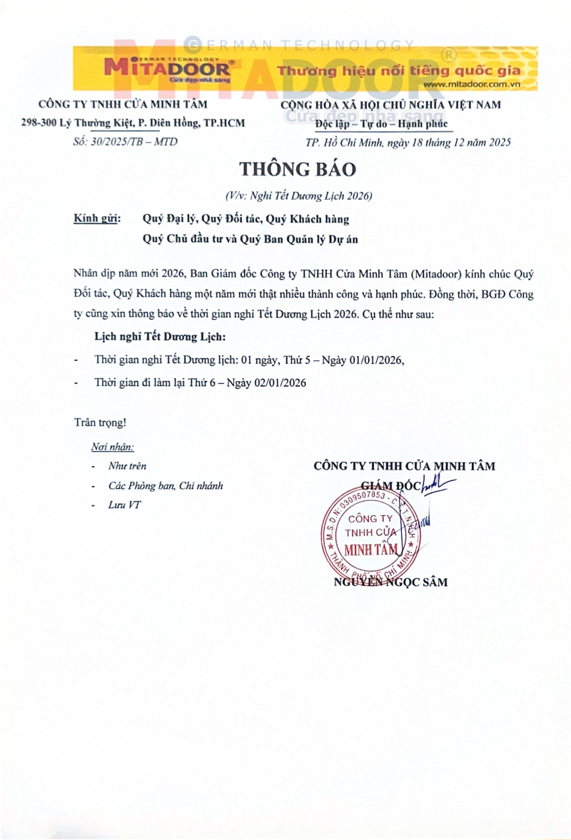 Công ty Mitadoor thông báo lịch nghỉ Tết Dương Lịch 2026 Công ty Mitadoor thông báo lịch nghỉ Tết Dương Lịch 2026