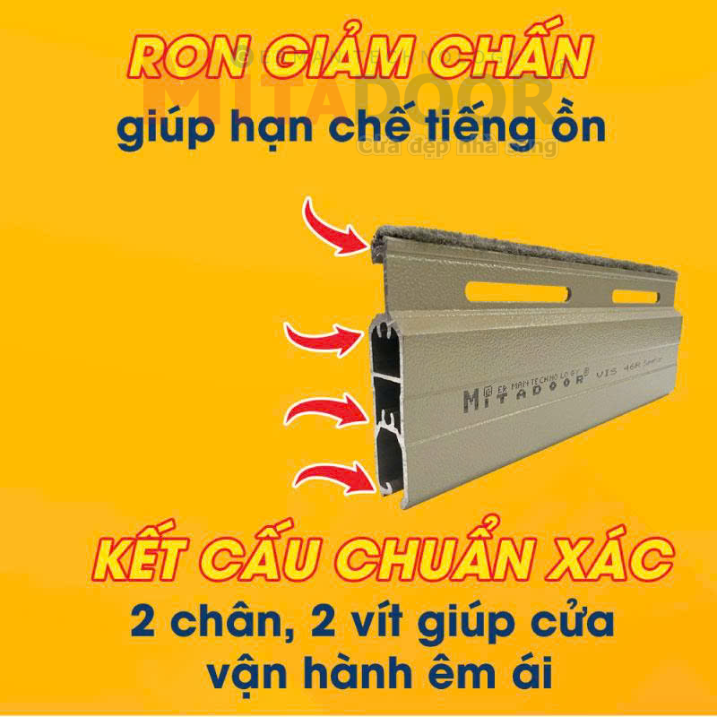 Ron giảm chấn và kết cấu chuẩn xác giúp cửa vận hành êm ái và hạn chế tối đa tiếng ồn Ron giảm chấn và kết cấu chuẩn xác giúp cửa vận hành êm ái và hạn chế tối đa tiếng ồn