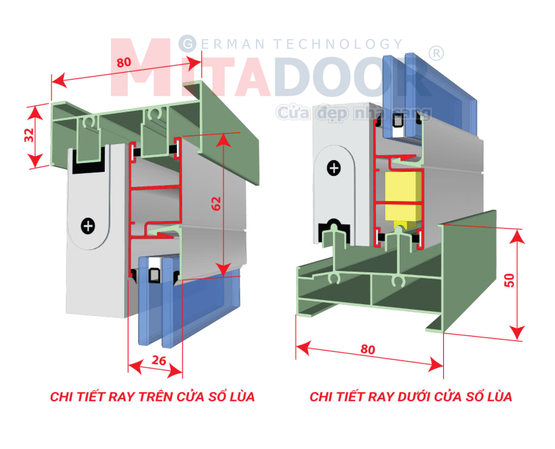 Chi tiết ray trên và ray dưới cửa sổ lùa hệ nhôm Mitadoor cao cấp Chi tiết ray trên và ray dưới cửa sổ lùa hệ nhôm Mitadoor cao cấp