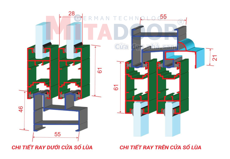 Chi tiết ray dưới và ray trên của cửa sổ lùa hệ nhôm Mitadoor DP Chi tiết ray dưới và ray trên của cửa sổ lùa hệ nhôm Mitadoor DP