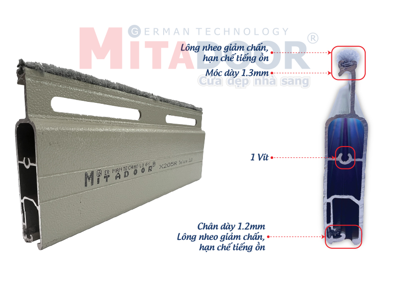 Mặt cắt nan cửa cuốn nhôm Mitadoor X205R giảm tiếng ồn Mặt cắt nan cửa cuốn nhôm Mitadoor X205R giảm tiếng ồn