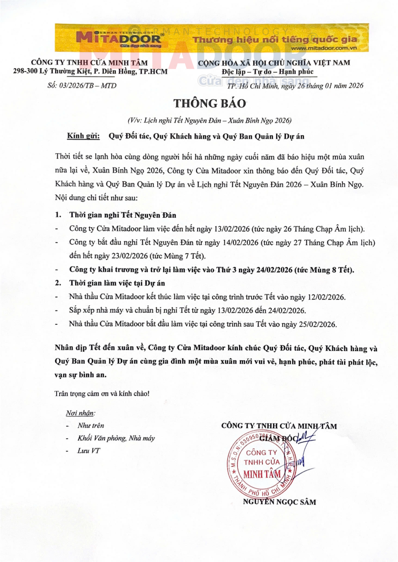 Mitadoor th&ocirc;ng b&aacute;o Lịch nghỉ Tết Nguy&ecirc;n Đ&aacute;n 2026 &ndash; Xu&acirc;n B&iacute;nh Ngọ