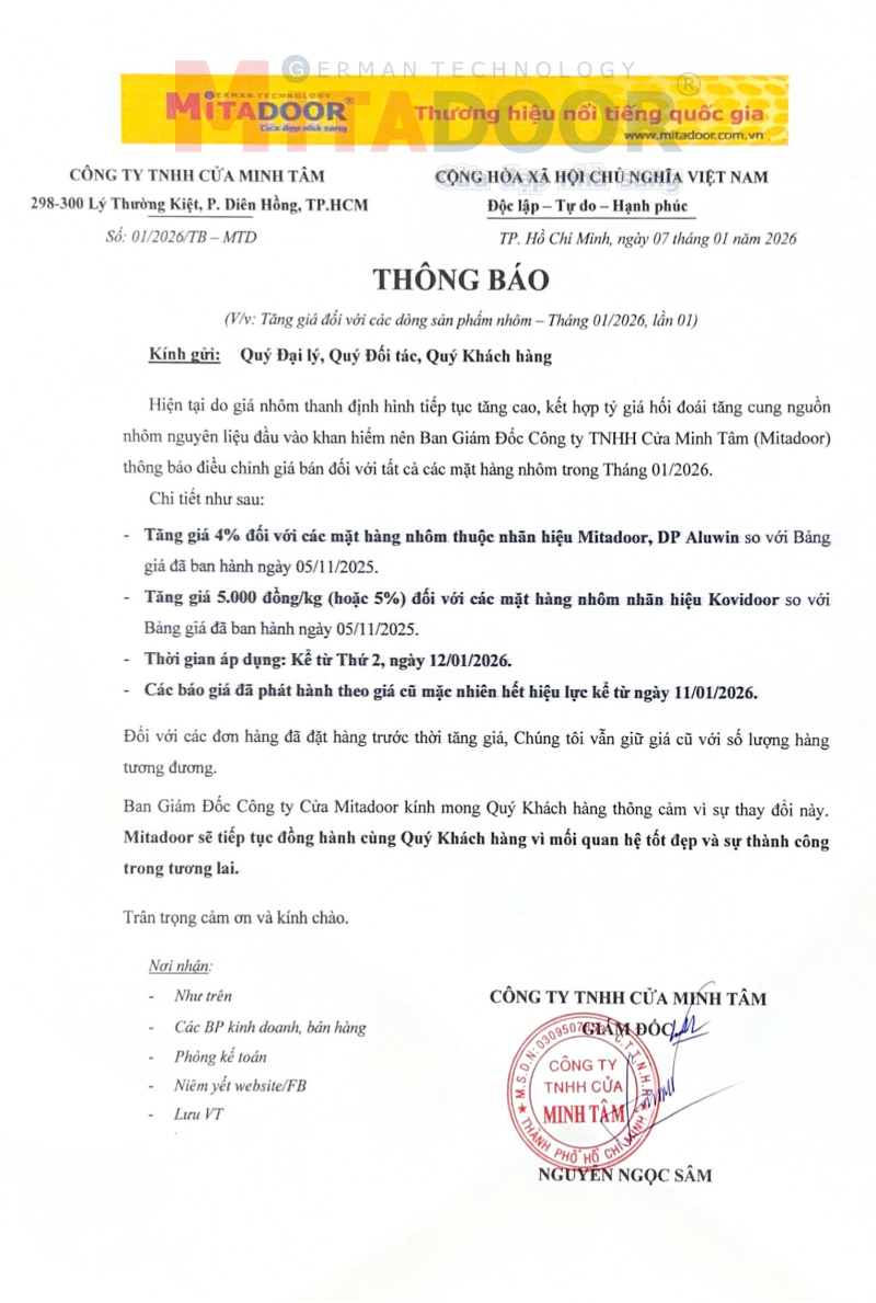 Thông báo về việc tăng giá đối với các dòng sản phẩm nhôm – Tháng 01/2026, Lần 01 Thông báo về việc tăng giá đối với các dòng sản phẩm nhôm – Tháng 01/2026, Lần 01