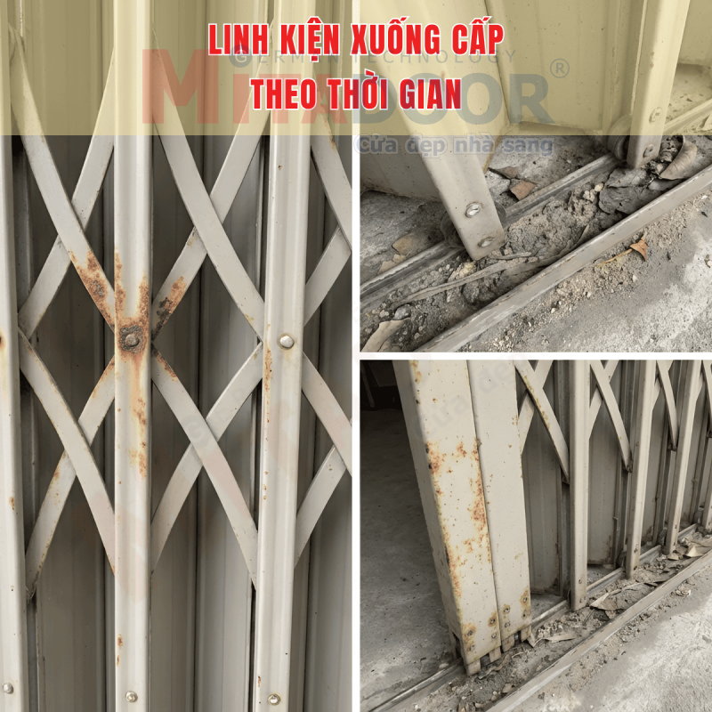 Nước mưa, bụi bẩn t&iacute;ch tụ trong đường ray cản trở sự chuyển động của cửa k&eacute;o