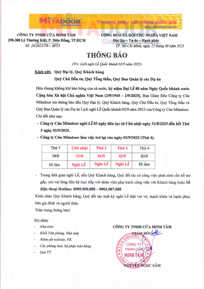 Công ty Cửa Mitadoor thông báo lịch nghỉ Lễ Quốc khánh 02/9/2025 Công ty Cửa Mitadoor thông báo lịch nghỉ Lễ Quốc khánh 02/9/2025