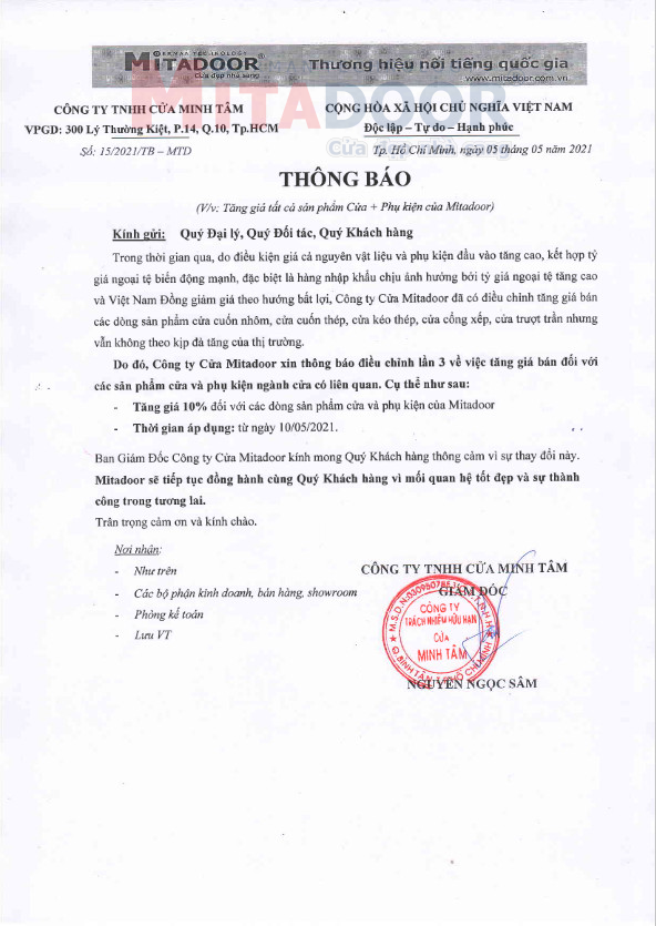 Thông báo tăng giá Mitadoor 10% từ ngày 10/05/20210