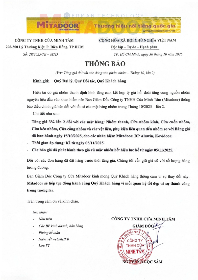 Thông báo về việc tăng giá đối với các dòng sản phẩm nhôm – Tháng 10, lần 2 Thông báo về việc tăng giá đối với các dòng sản phẩm nhôm – Tháng 10, lần 2