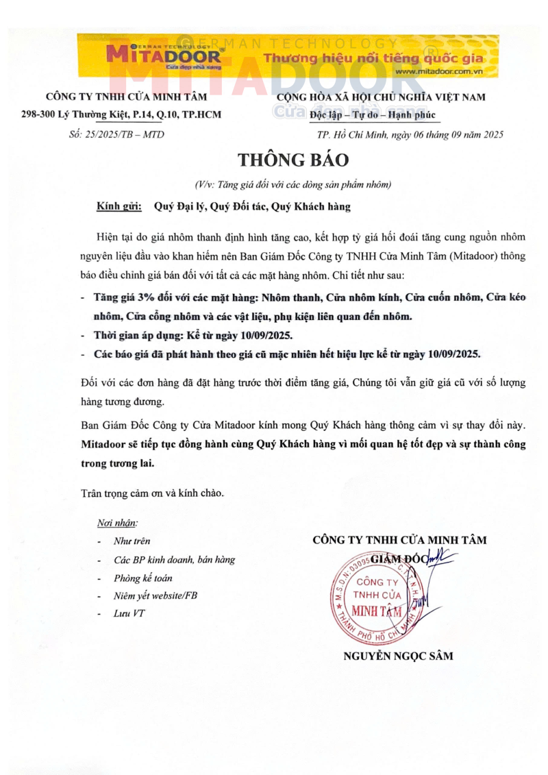 Thông báo về việc tăng giá đối với các dòng sản phẩm nhôm Thông báo về việc tăng giá đối với các dòng sản phẩm nhôm