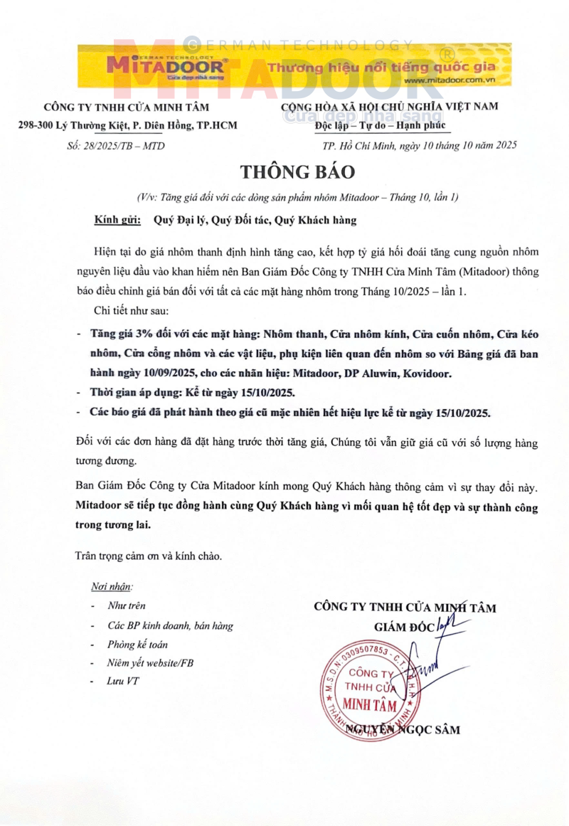 Thông báo về việc tăng giá đối với các dòng sản phẩm nhôm Mitadoor – Tháng 10, lần 1 Thông báo về việc tăng giá đối với các dòng sản phẩm nhôm Mitadoor – Tháng 10, lần 1