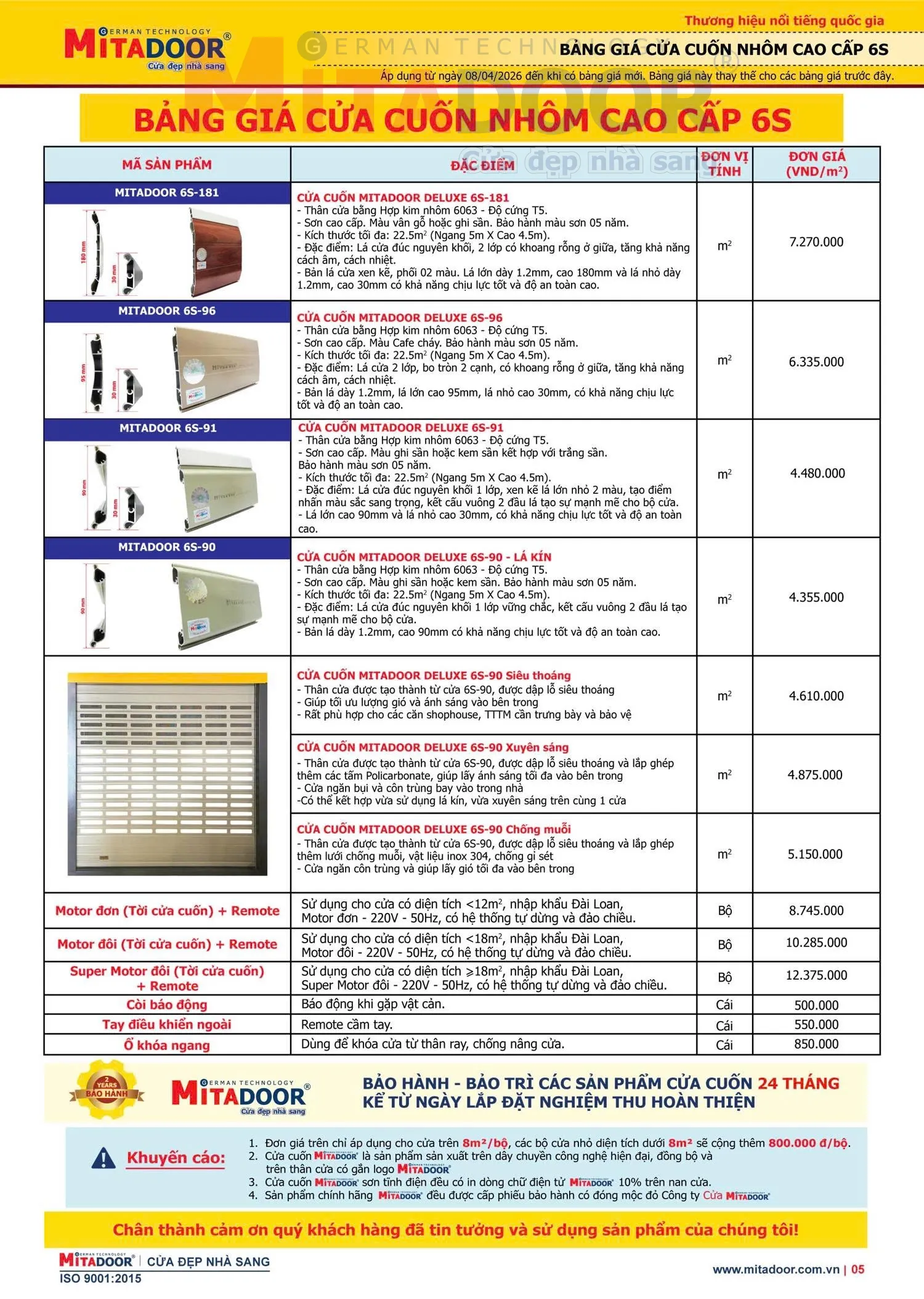 Bảng giá Cửa cuốn tốc độ cao Mitadoor 6S-90 chính hãng