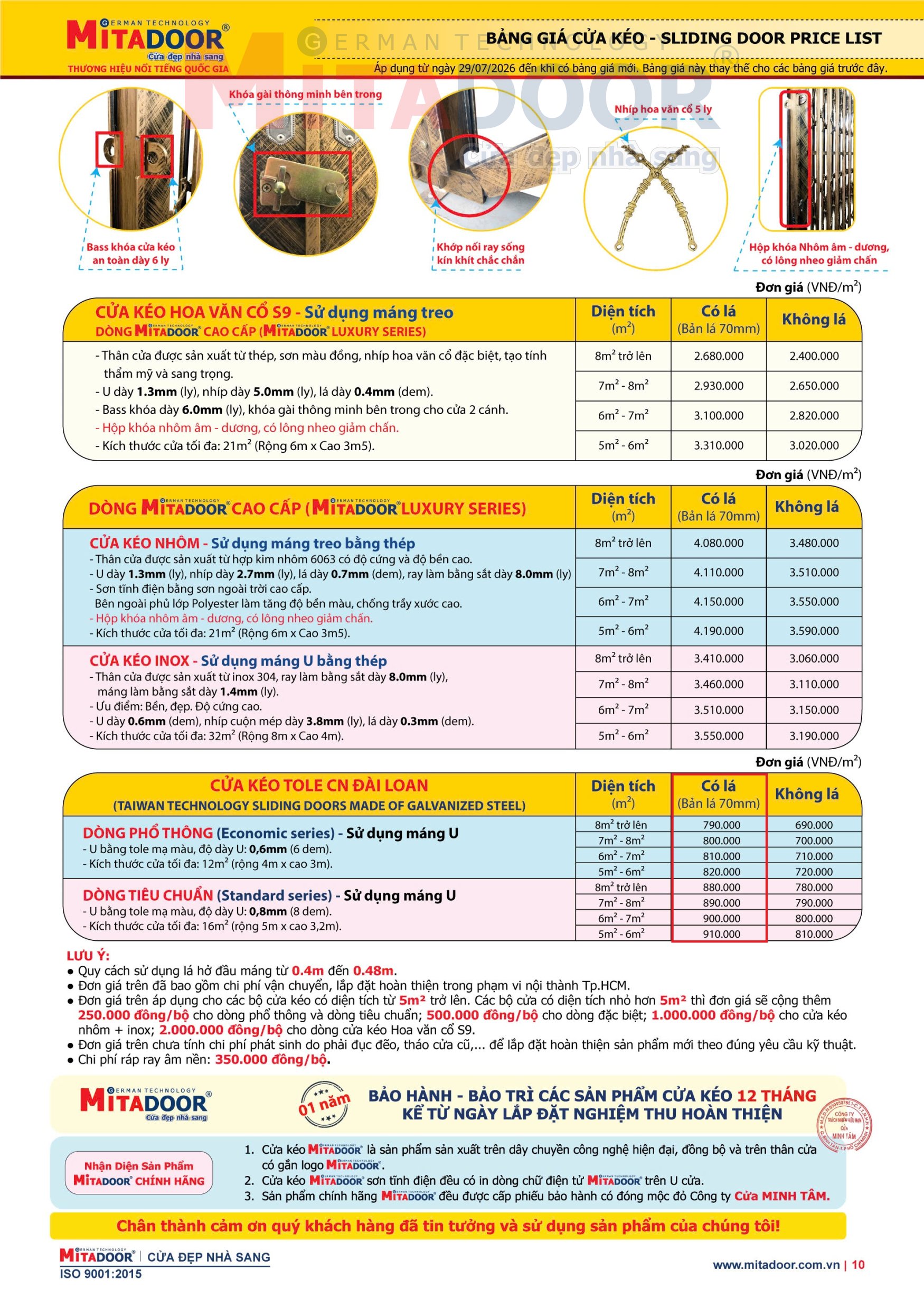 Bảng gi&aacute; cửa k&eacute;o đ&agrave;i loan c&oacute; l&aacute; của Mitadoor (Bản l&aacute; 70mm)
