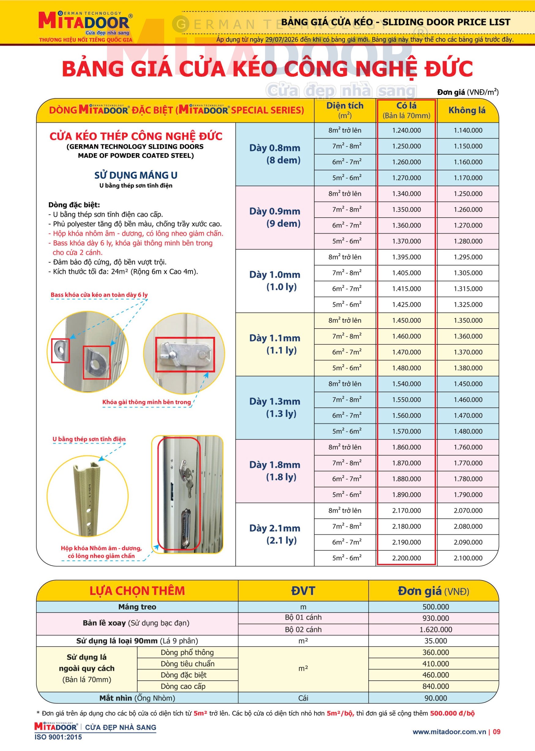 Bảng gi&aacute; cửa k&eacute;o th&eacute;p c&oacute; l&aacute; ( Bản l&aacute; 70mm)