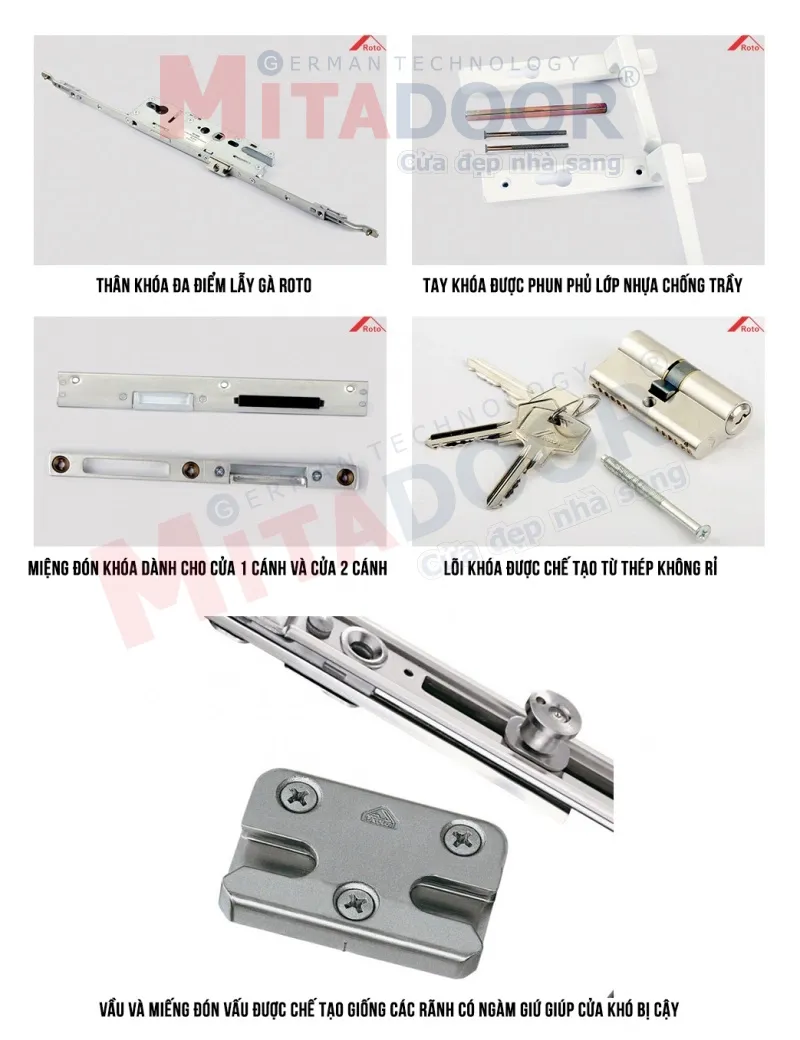 Trọn bộ kh&oacute;a đa điểm lẫy g&agrave; phụ kiện Roto tại Mitadoor